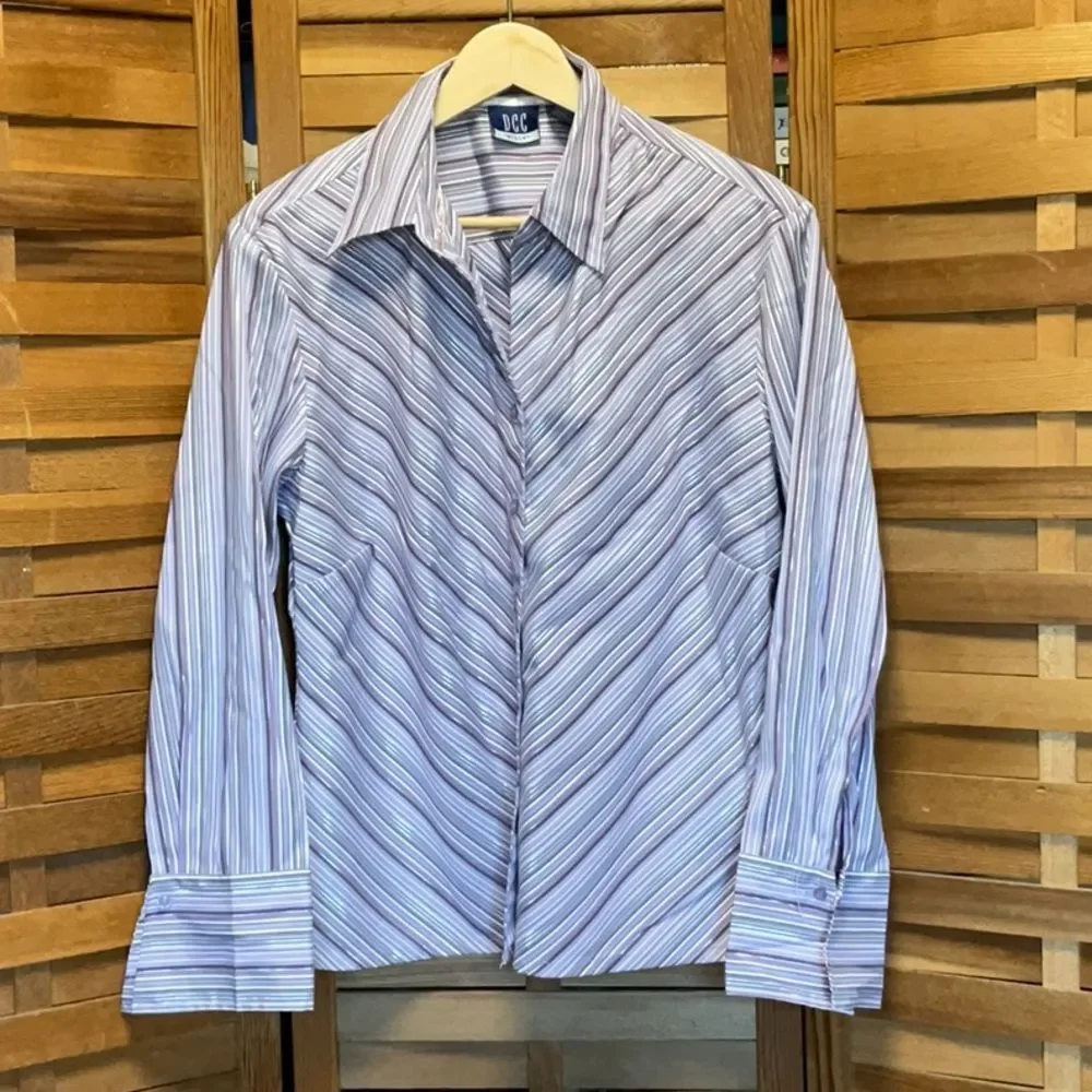 DCC Missy Purple White Silver Blouse Chevron Pattern Women Shirt XL Polyester